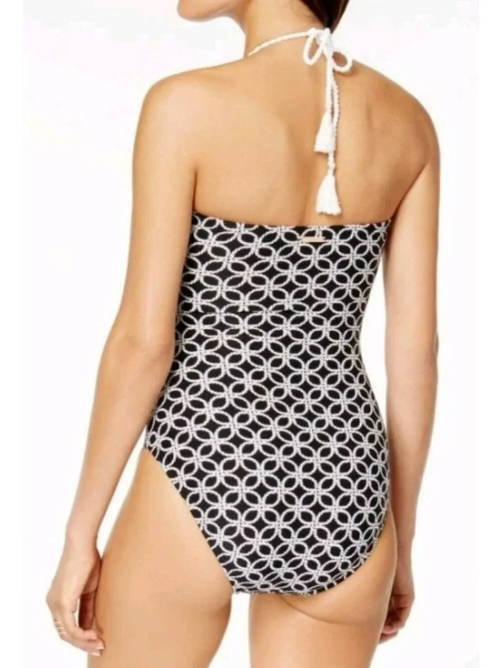 Michael Kors Black & White Rope Print One-Piece Swimsuit Sz 12 Tassel Tie Front